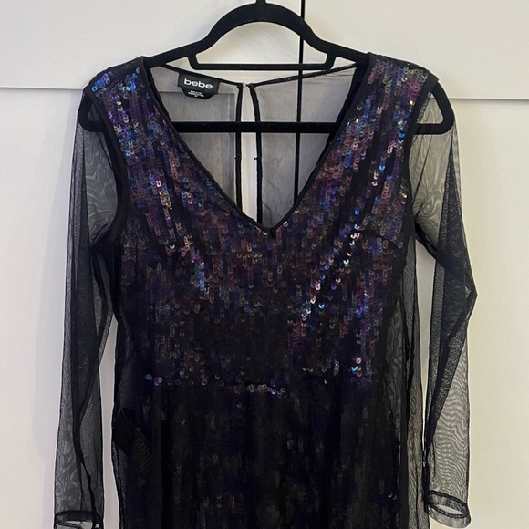 Bebe Black Mini Dress Romper with Sequin Bodice & Sheer Sleeves - Picture 2 of 5